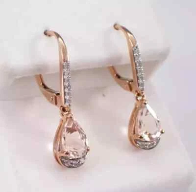 Pendientes colgantes de lágrima de morganita de corte pera de 2 quilates enchapados en oro rosa de 14 quilates Foto 1 de 4