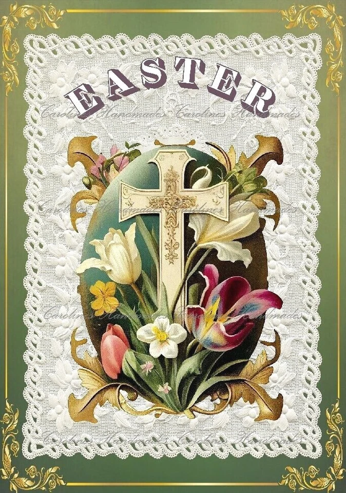 Vintage Easter Cross Floral Designer MULTI-SIZE Cotton Fabric Quilt Block - Image 1 of 1