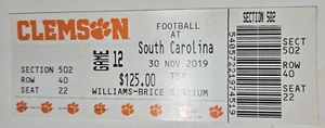 2019 South Carolina Gamecocks vs Clemson Collectible Ticket Stub 11/30 Football - Picture 1 of 1