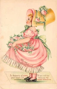 MARCELLUS VALENTINE PC ~ GIRL IN PINK HOLDING FLOWERS, Pub NISTER ~ used 1912 - Picture 1 of 2