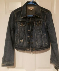  Womens Decree Distressed Blue Denim Jean Jacket Size Large - Picture 1 of 9
