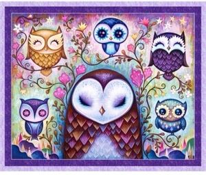 P&B Hootie Patootie Cute Owl Floral Flower Moon Leaves Panel 100% Cotton Fabric - Picture 1 of 3
