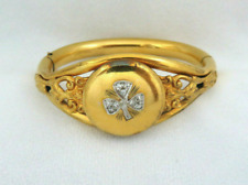 Antique Victorian Gold Filled Bangle / Locket Bracelet w/ Pave Diamond Clover