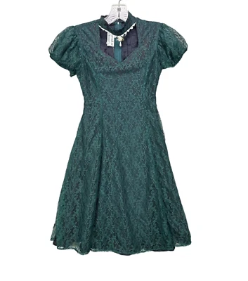 Винтажный 90-х изумрудно-зеленый цветочный кружева ошейник шеи платье короткие рукава размер 10 S - Изображение 1 из 4