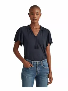 Women's M Navy Blue Ralph Lauren Linen-Blend Flutter Short Sleeve V Neck Top - Picture 1 of 2