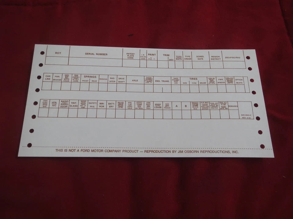 Ford Galaxy Fairlane Falcon Thunderbird 1963 Sunliner hoja de construcción en blanco Foto 1 de 1