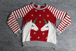 Well Worn Holiday Sweater Yth Size XL Red and White Unicorn Candy Stripe Sleeves - Picture 1 of 7