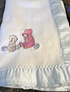 Vintage Carters USA Teddy Bear Puppy Dog Baby Blanket Blue Satin Trim 50" x 33" - Picture 1 of 15