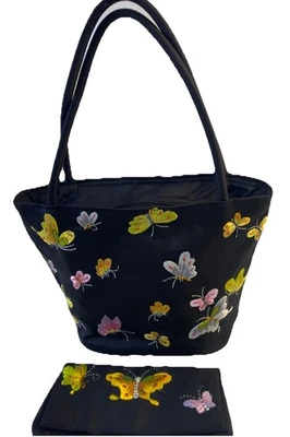 黑色刺绣彩色蝴蝶手提包手拿包匹配钱包Shira Leal — 第 1/4 张图片