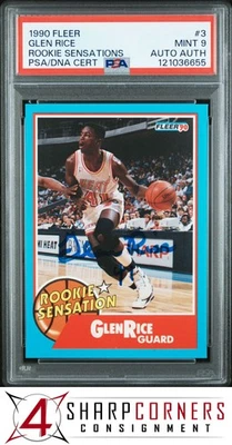 1990 FLEER ROOKIE SENSATIONS #3 GLEN RICE RC PSA 9 DNA AUTO AUTHENTIC - Image 1 of 2