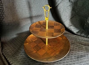 Weave Wood MCM Walnut 2 Two Tier Tidbit Snack Tray - Vintage - Beautiful - Picture 1 of 6
