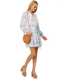 Mini robe femme Adrianna Papell en coton à oeillets manches longues bleu/blanc taille 10 149€ - Photo 1/3