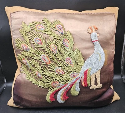 ANTIQUE VINTAGE PEACOCK NEEDLEWORK SQUARE PILLOW BEAUTIFUL 16” X 16” WORK OF ART - Image 1 of 4