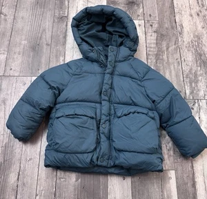 Zara Puffer Coat Toddler Boys 2-3 Blue Green Warn Winter Jacket Zip Up Hood - Picture 1 of 9