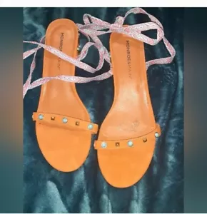 Camel Tan Suede Block Heel Lace-Up Sandals Jeweled Sz 11 Monroe & Main NEW - Picture 1 of 5