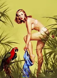 Vintage GIL ELVGREN Pinup Girl CANVAS PRINT Art Poster Macaw & Girl 18"X 24" - Picture 1 of 1