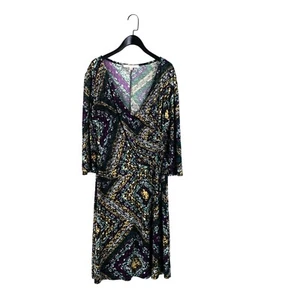 Evan Picone Yellow Purple Green Geometric Wrap Front Midi A-Line Dress - Size 12 - Picture 1 of 13
