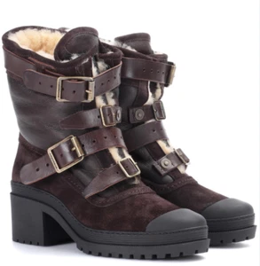 Burberry Women's 7.5 37.5 Aviator Dukes Moto Boots Suede Leather Fur Lined $1150 - Picture 1 of 8