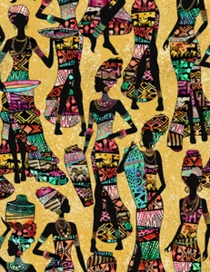 Fabric African Women Kente Dresses Sand Cotton 1/4 yard TIMELESS TREASURES 7420 - Picture 1 of 4