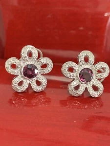 18K White Gold Natural 1.28CT Round Salmon Sapphire Diamond Studs Earring Unique - Picture 1 of 12