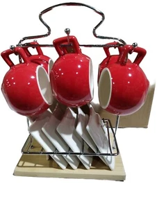 Espresso Coffee 6 Cup 6 Saucer 6 Spoons w Rack ☕️ Contemporary Red Set | 3.3oz - Picture 1 of 16