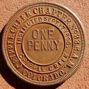 1896 CRIPPLE CREEK COLORADO MASONIC PENNY CHAPTER RAM HTWSSTKS COIN CENT ERROR - Picture 1 of 3