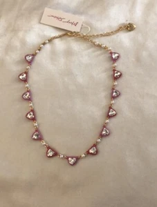 Betsey Johnson Pink & Mauve Enamel Heart Collar Necklace Crystal Faux Pearl NWT - Picture 1 of 16
