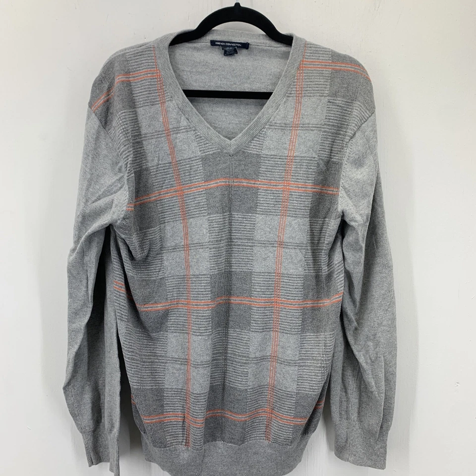 Suéter Pullover French Connection Grande Cuello en V Preppy Capa de Negocios Gris a Cuadros Foto 1 de 4