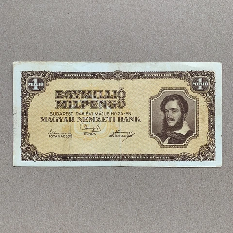 Post WW2 Hungary 1 Million Pengo Banknote. Hungarian Currency Paper Money WWII Cover