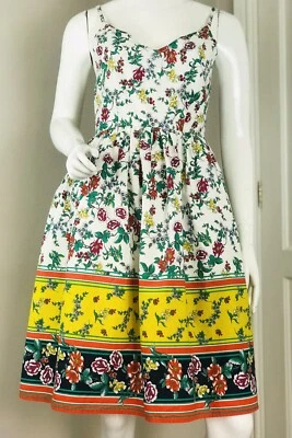 YUMI White Cotton Orange Yellow Green Floral Strappy Fit & Flare Sun Dress UK 10 - Image 1 of 4