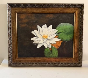 Original Stillleben Gemälde gerahmt weiße Seerose & grüne Lilie Block 17x14 - Bild 1 von 6