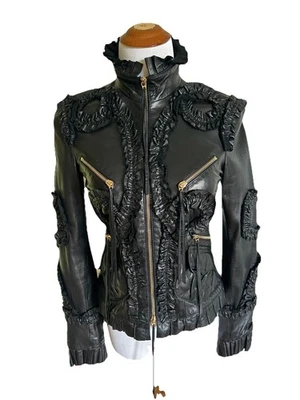ROBERTO CAVALLI Black Leather Ruffled Jacket XS EUC - Image 1 of 4
