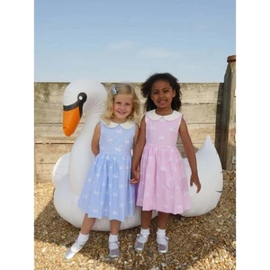 Rachel Riley Blue White Swan Print Peter Pan Collar Fit & Flare Dress Girls 8Y - Picture 1 of 7
