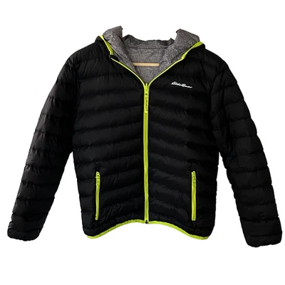 Boys Eddie Bauer Down Coat Size 14 16 Reversible Hooded Black Grey Winter Ski - Image 1 of 4