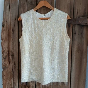 Gia Ninno Ivory Wool Sweater Beads Sequins Sleeveless Sz 38 Hong Kong *A - Picture 1 of 13