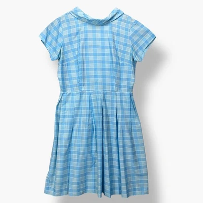 Vestido de día vintage para mujer azul mediano a cuadros manga corta plisado cuello barco Foto 1 de 4