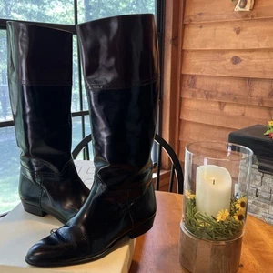Cole Haan Womens Riding Boot Size 9.5 Tall Black/Brown Leather Low Heel Classics - Picture 1 of 19