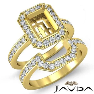 Diamond Engagement Halo Ring Emerald Bridal Sets 14k Gold Yellow Semi Mount 1.4C - Picture 1 of 6