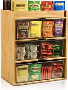 Tea Bag Organiser - 3 Tier Bamboo Tea Organiser with Drawer, Tea Bag Organiser - Picture 1 of 7