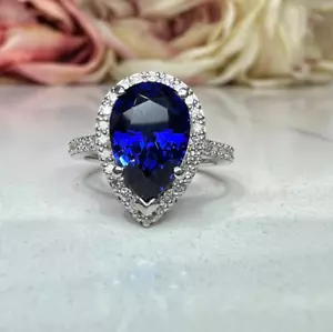 3.40 Ct Pear Cut Real Sapphire & Diamond Engagement Ring 14K Solid White Gold - Picture 1 of 10