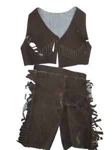 Pantalones y Chaleco de Vaquera Terri Lee Años 50 16" MARRÓN IMITACIÓN GAMUZA Borde con Flecos - Imagen 1 de 5