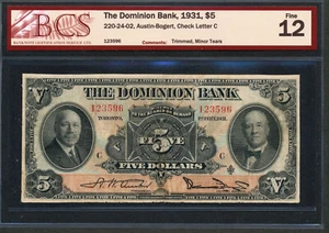 1931 The Dominion Bank $5 Charter Note. BCS F12. Great color. CH 220-24-02. - Picture 1 of 2
