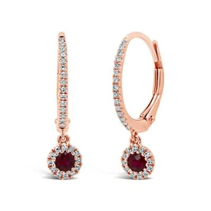 Ruby Diamond Drop Earrings 14K Rose Gold Lever Back Natural Round 0.35 TCW - Picture 1 of 2