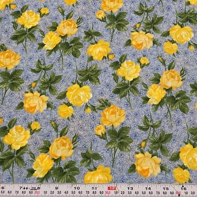 Coventry Style by Hoffman Fabrics Yellow Florals Blue Cotton HALF YARD Remnant - Image 1 of 2