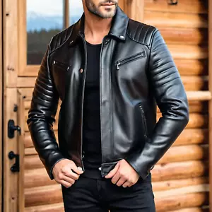 Men's Black Genuine Leather Biker Jacket – Stylish Moto Racer Slim Fit Outerwear - Picture 1 of 3