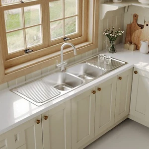 Naiture Drop-In Stainless Steel Kitchen Sink, Double Bowl with Double Drainboard - Picture 1 of 8