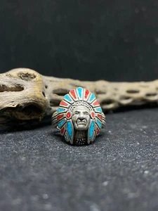 Navajo Chip Inlay Türkis & Koralle Sterlingsilber Häuptling Kopf Ring Größe 10 - Bild 1 von 9