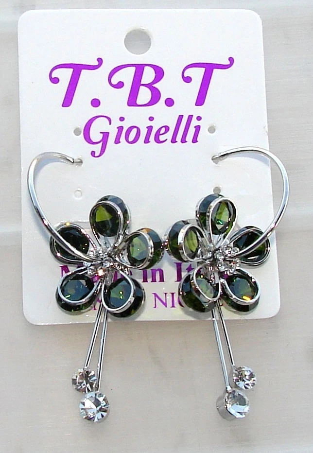 TOP FASHION Orecchini con cristalli da Donna,cerchio argento Fiore verde - Immagine 1 di 1