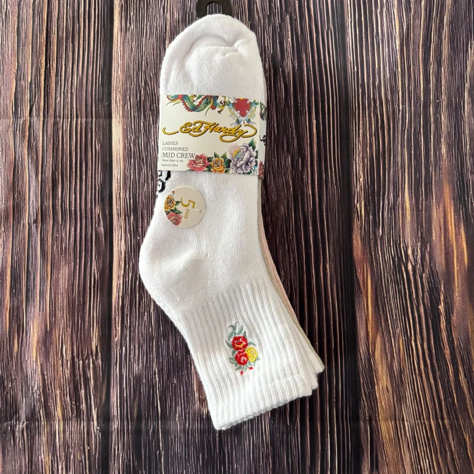 Ed Hardy Mujer 5 Pares Moda Acolchado Medio Crew Calcetines Zapato 4-10 Flor Foto 1 de 4
