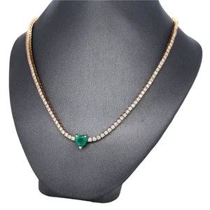 9CT Heart Cubic Zirconia Diamond Emerald Tennis Necklace 14K Yellow Gold Plated - Picture 1 of 7